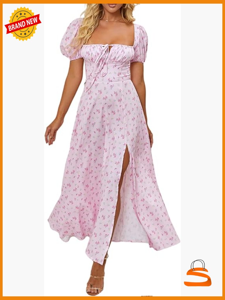 Puff Sleeve Floral Split Maxi Dress Flowy A Line Casual Long Dress